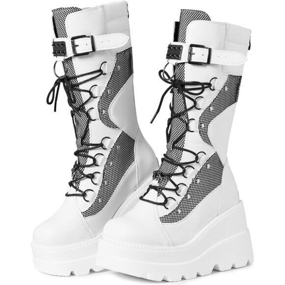 Women's White Chunky Wedge Heel Combat Lace Up Zipper Round Toe Mid Calf Boots